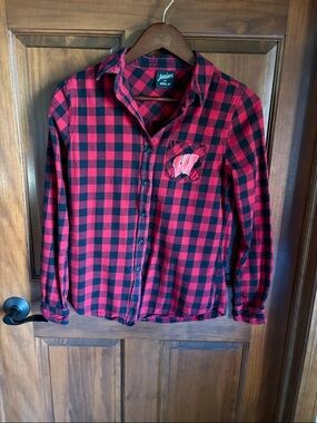 Red and Black Wisconsin Buffalo Plaid Button Down Shirt-Juniors MEDIUM